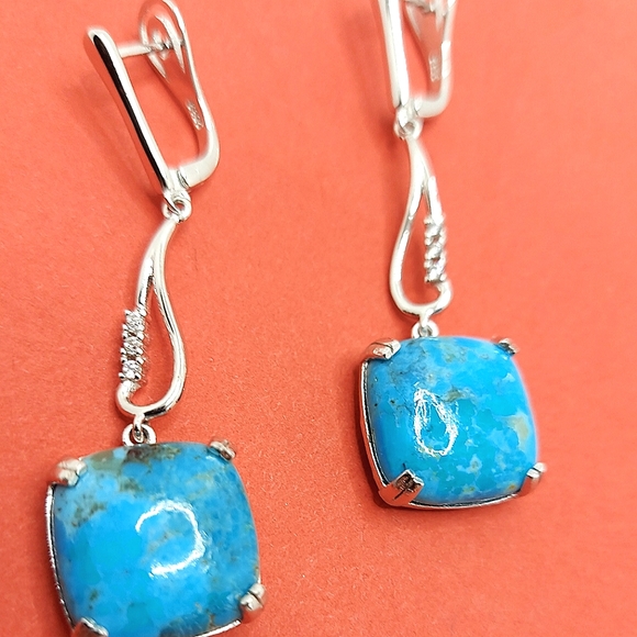 Natural Arizona Turquoise 16mm & Cz 925 Sterling Silver Earrings - Picture 8 of 9